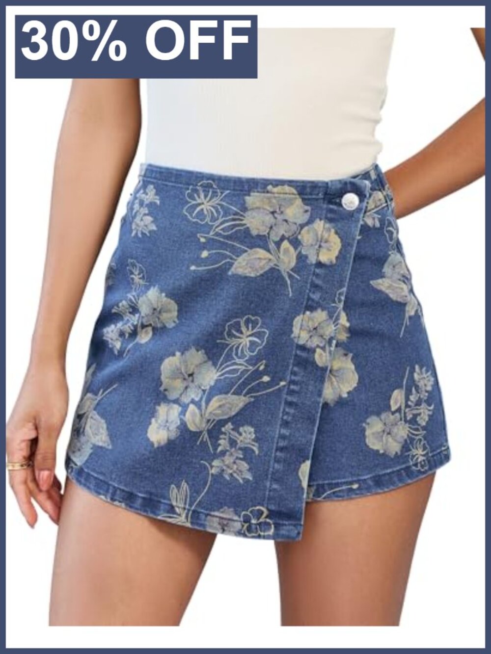 High Waisted Floral Faux Wrap Skort Stretch Denim Pockets